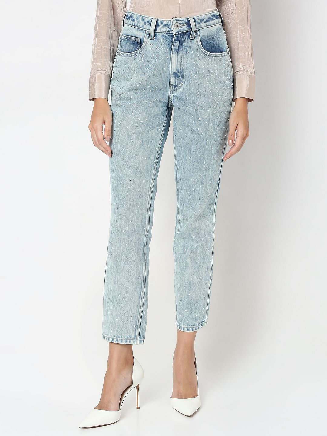 Light Blue Rhinestone Embellished Jeans