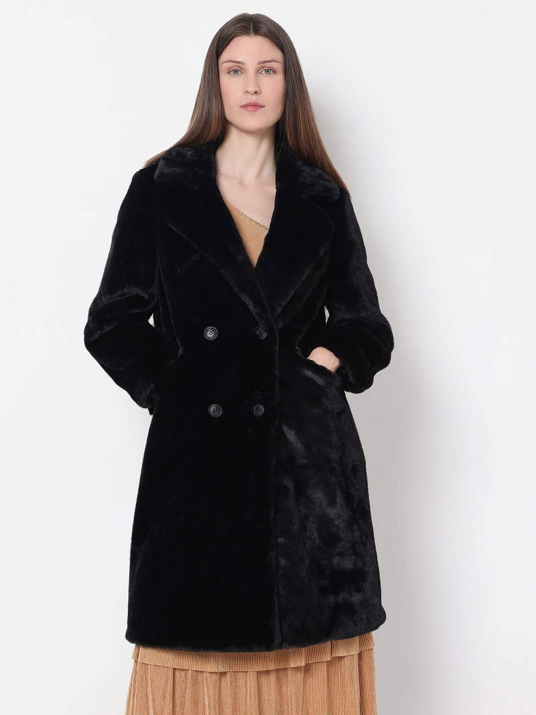 タグ付きfeminine fur collar long coat black