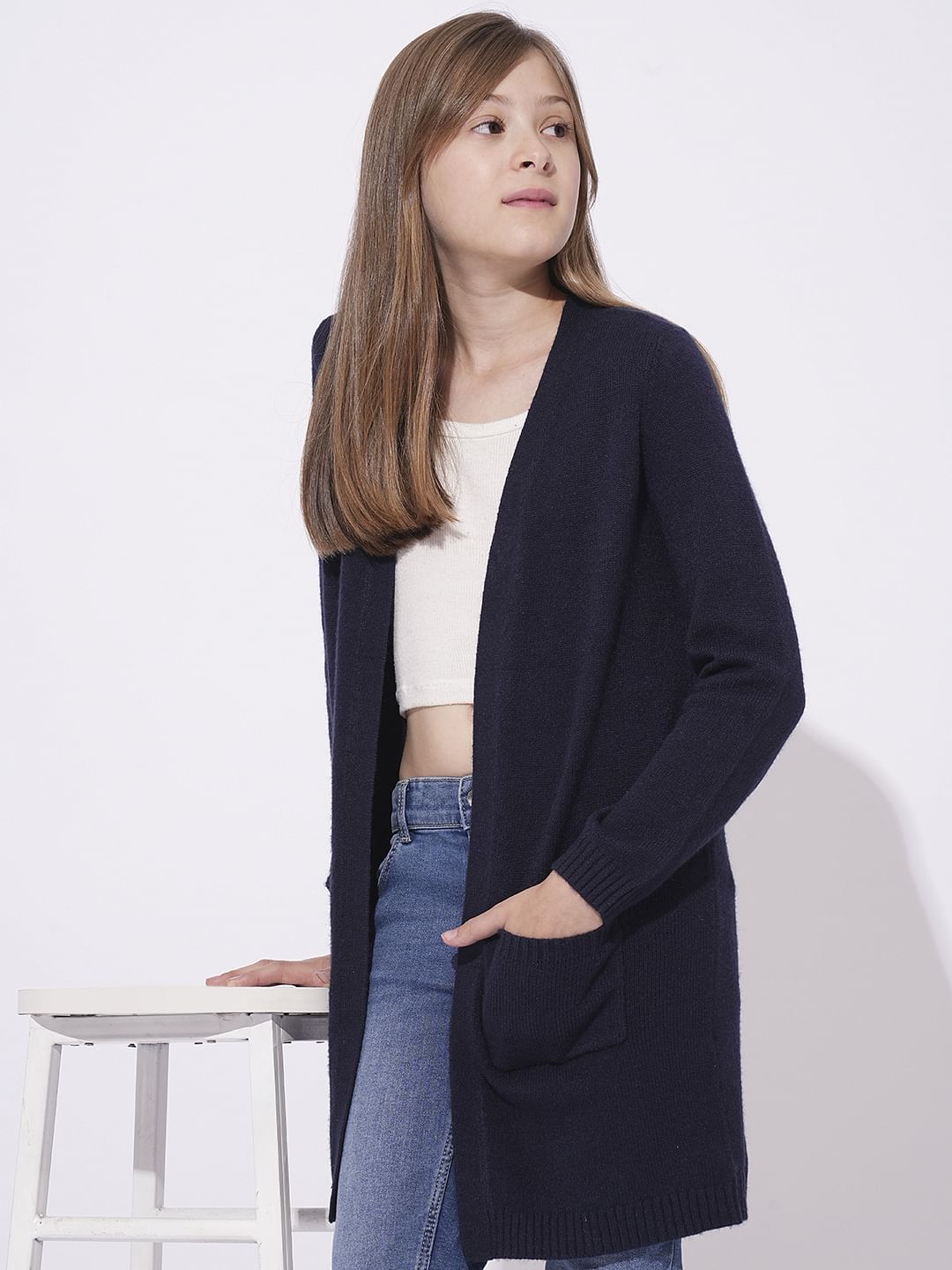 In Bangladesh Girls Open Sweater GIRLS DARK BLUE LONG CARDIGAN